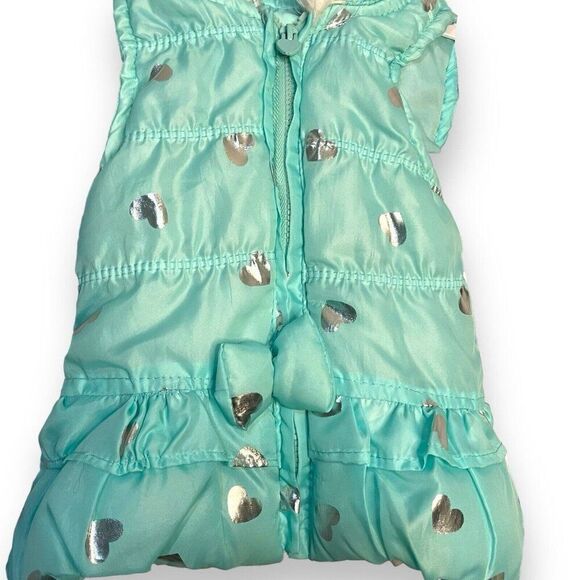 Nannette Kids Hooded Puffer Vest Baby Girls 6-9 Months Turquoise Blue Hearts Zip - Picture 3 of 10